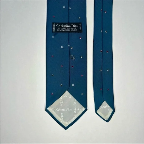 Vintage DIOR Embroidered Signature Polka Dotted Teal Classic Tie
